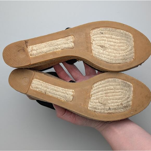 Tory Burch Natalya Peep-Toe Cork Espadrille Wedge Sandal Size 7 Black - Picture 6 of 8